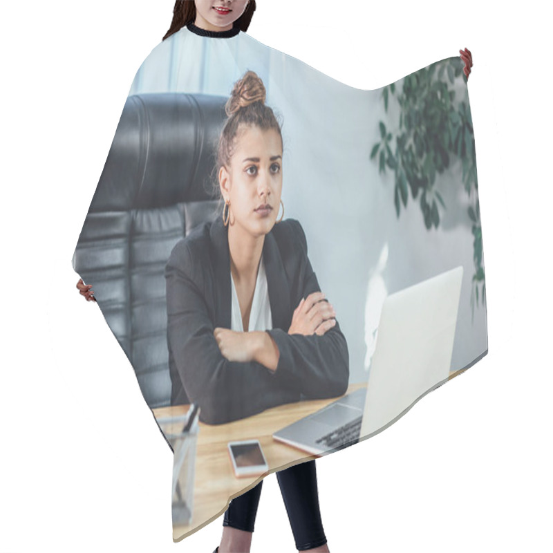 Personality  Young Business Lady Dressed In Business Clothes Is In The Office. Hair Cutting Cape