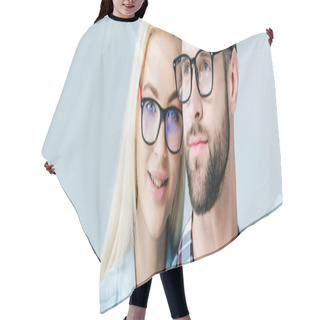 Personality  Panoramic Shot Of Man And Beautiful Girl In Glasses Isolated On Grey Hair Cutting Cape