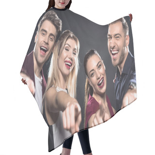 Personality  Close-up Shot Of Group Of Happy Friends Pointing At Camera On Black Hair Cutting Cape