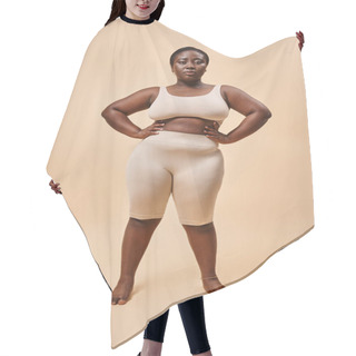 Personality  Plus Size Woman In Beige Underwear Posing With Hands On Hips, Body Positive And Female Empowerment Hair Cutting Cape
