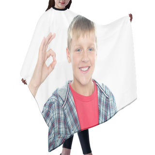 Personality  Enthusiastic Young Student Flashing A Perfect Sign Hair Cutting Cape
