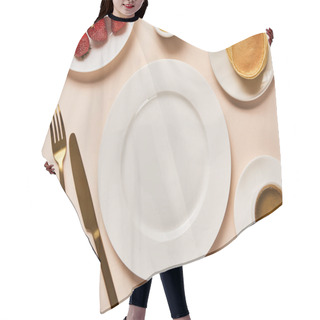Personality  Top View Of Served Breakfast With Berries, Coffee, Pancakes And Empty Plate In Middle On Pink Background Hair Cutting Cape