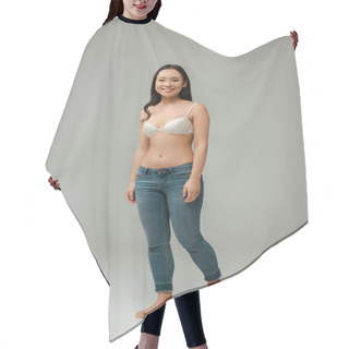 Personality  Happy Overweight Asian Girl Standing On Grey Hair Cutting Cape