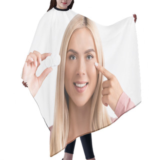 Personality  Smiling Woman Pointing With Finger At Eye While Holding Box With Contact Lenses Isolated On White Hair Cutting Cape
