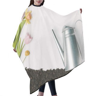 Personality  Flat Lay With Tulips, Narcissus, Chrysanthemum In Ground And Watering Can Isolated On White Hair Cutting Cape