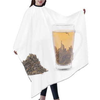 Personality  A Cup Of Green Tea. Dry Tea Leaves And A Mug Of A Hot Drink Isolated On A White Background. Chinese Tea For Relaxation And Health. Hair Cutting Cape