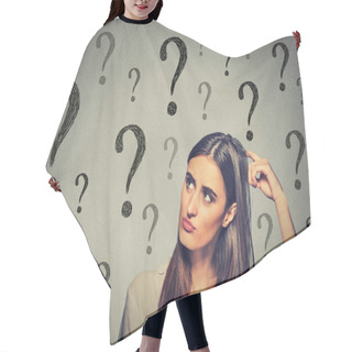 Personality  Confused Thinking Woman Scratching Her Head Looking Up At Many Question Marks Hair Cutting Cape