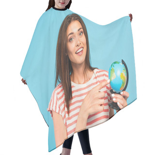 Personality  Happy Girl Pointing With Finger At Globe Isolated On Blue Hair Cutting Cape