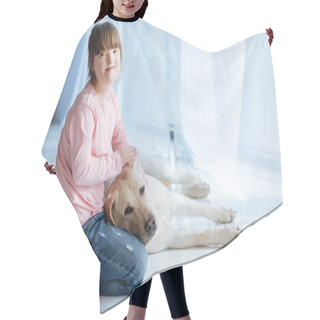 Personality  Kid With Down Syndrome Stroking Labrador Retriever Dog And Looking At Camera Hair Cutting Cape