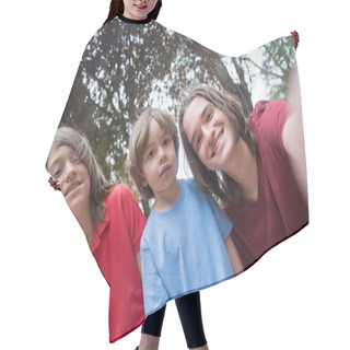 Personality  Happy Smiling Children Taking Selfie At Picnic Hair Cutting Cape