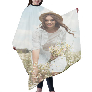 Personality  Portrait Of Pretty Woman In White Dress With Bouquet Of Wild Camomile Flowers In Field Hair Cutting Cape