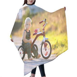 Personality  Cute Toddler Child, Boy, Playing With Tricycle In Park And Eating Apple, Kid Riding Bike On Sunset Hair Cutting Cape