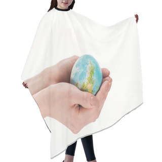 Personality  Partial View Of Female Hands With Globe Model Isolated On White, Global Warming Concept Hair Cutting Cape