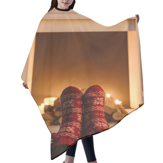 Personality  Cropped View Of Woman In Woolen Winter Socks With Fireplace On Background Hair Cutting Cape