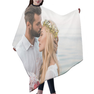Personality  Side View Of Handsome Groom Kissing Attractive Bride Forehead On Beach Hair Cutting Cape