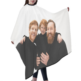 Personality  Joyful Red Haired Kid Embracing Dad And Bearded Grandfather In Black Sweaters Isolated On Grey Hair Cutting Cape