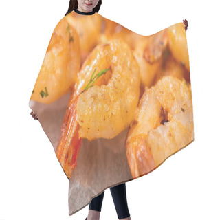 Personality  Close Up View Of Crispy Prawns On Parchment Paper Hair Cutting Cape