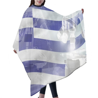 Personality  Greece Science Development Conceptual Background - Microscope On Flag. Research In Physics Or Genetics, 3D Illustration Of Object Hair Cutting Cape