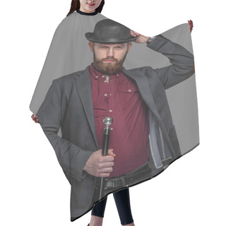 Personality  Bearded Tattooed Guy With Walking Stick Hair Cutting Cape