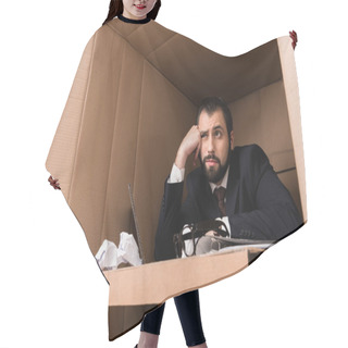 Personality  Bored Businessman In Box Hair Cutting Cape