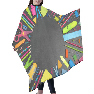 Personality  Flat Lay Composition With Different School Stationery On Chalkboard Surface Hair Cutting Cape
