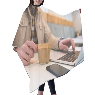 Personality  Cropped View Of Freelancer With Cup Of Coffee Typing On Laptop Keyboard Hair Cutting Cape