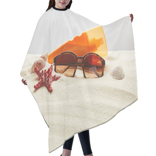 Personality  Brown Stylish Sunglasses On Sand With Red Starfish, Seashells And Sunscreen In Orange Bottle On Grey Background Hair Cutting Cape