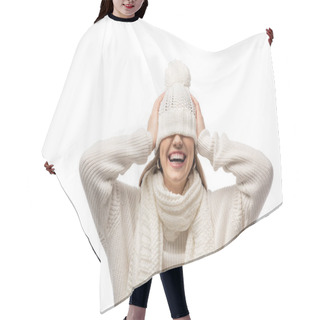 Personality  Attractive Laughing Woman Warming Up In White Knitted Hat, Isolated On White Hair Cutting Cape