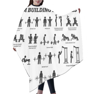 Personality  Arm Building Exercises And Muscle Building Stick Figure Pictograms. Artworks Depict A Set Of Weight Training Reps Workout For Arm Hand Muscle By Gym Machine And Tools With Step By Step Instructions.  Hair Cutting Cape