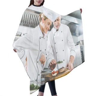 Personality  Female And Male Chefs In Uniform With Meat Steak On Wooden Board In Restaurant Kitchen Hair Cutting Cape