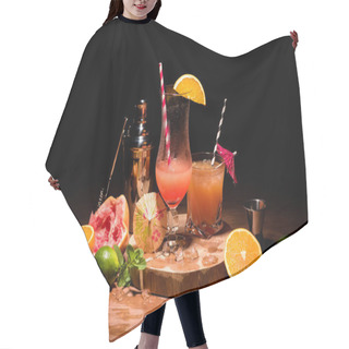 Personality  Tasty Alcohol Cocktails On Wooden Board With Fruits On Table Hair Cutting Cape