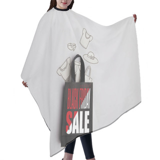 Personality  Top View Of Paper Bag With Black Friday Sale Inscription And Paper Clothes On Grey Background Hair Cutting Cape
