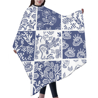 Personality  Porcelain Set With Oriental Motifs. Ceramic Tiles Collage With Floral Patterns. Hair Cutting Cape