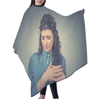 Personality  Portrait Young Woman With Breast Pain Touching Chest Hair Cutting Cape