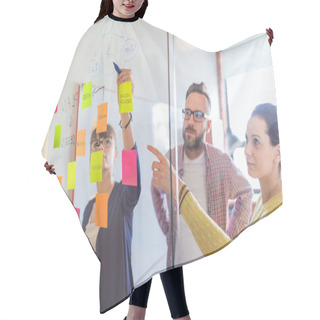 Personality  Young Business People By Glass Wall With Sticker Notes Hair Cutting Cape
