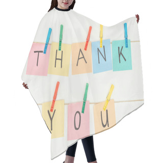 Personality  Colorful Sticky Notes Spelling Thank You On Lace With Clothespins Isolated On White Background Hair Cutting Cape