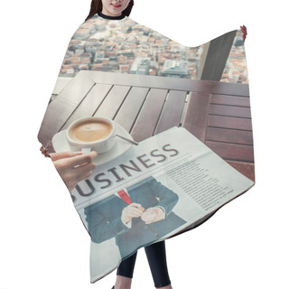 Personality  Cropped View Of Man Near Coffee Cup And Newspaper In Cafe With Aerial View Of Istanbul Hair Cutting Cape