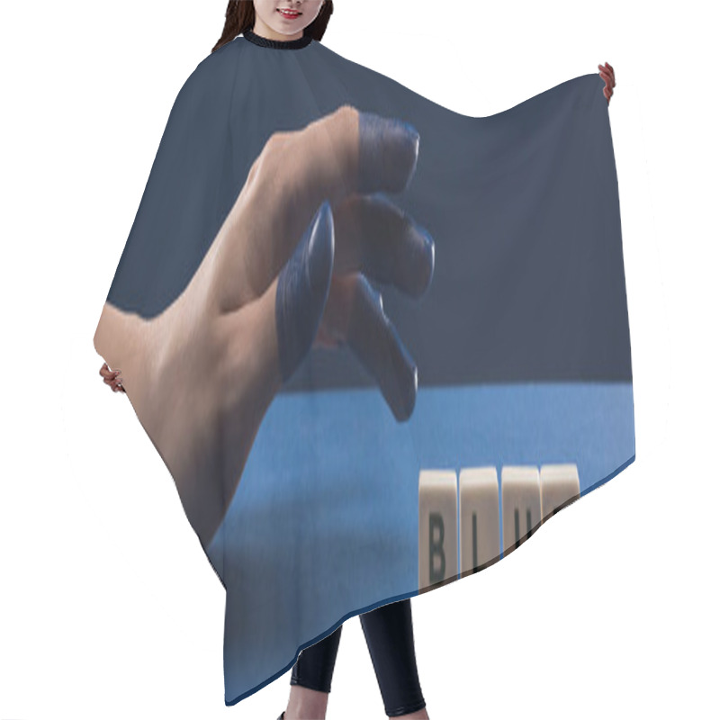 Personality  Cropped View Of Female Hand With Painted Fingers Near Cubes With Blue Lettering Isolated On Blue, Panoramic Shot Hair Cutting Cape