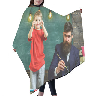 Personality  Child Cheerful And Teacher Painting, Drawing. Talented Artist Spend Time With Son. Teacher With Beard, Father Teaches Little Son To Draw In Classroom, Chalkboard On Background. Art Lesson Concept Hair Cutting Cape