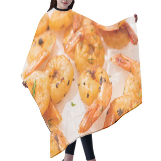 Personality  Close Up View Of Fried Shrimps On White Parchment Paper Hair Cutting Cape