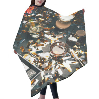 Personality  Top View Of Alcoholic Cocktails, Playing Cards, Poker Chips And Party Horns On Table Covered By Golden Confetti  Hair Cutting Cape