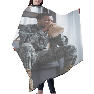 Personality  African American Soldier In Military Uniform Breathing With Paper Bag While Having Panic Attack At Home Hair Cutting Cape