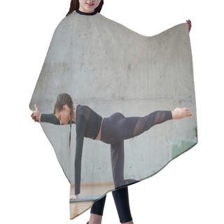 Personality  Fit Woman Stretching In Hall. Hair Cutting Cape