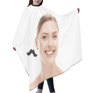 Personality  Young Woman With Fake Moustache  Hair Cutting Cape