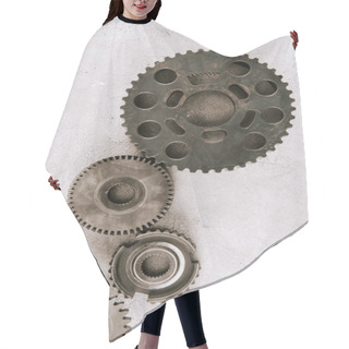 Personality  Top View Of Aged Metal Round Gears On Grey Background Hair Cutting Cape
