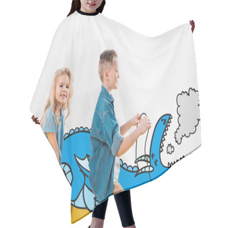 Personality  Happy Siblings Riding Drawn Blue Dragon While Sitting On Sofa  Hair Cutting Cape
