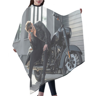 Personality  Handsome Man Sitting On Black Motorcycle And Looking On Camera Hair Cutting Cape