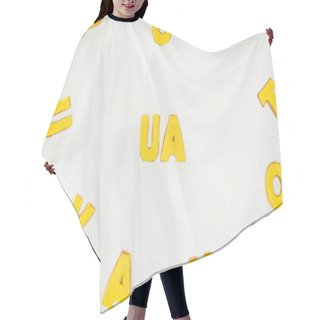 Personality  Ua Sign Made Of Yellow Cookies And Scattered Alphabet Letters Isolated On White Background Hair Cutting Cape