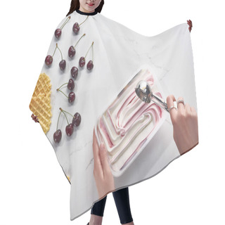 Personality  Cropped View Of Woman With Delicious Ice Cream And Spoon Near Waffles And Cherries On Marble Grey Background Hair Cutting Cape