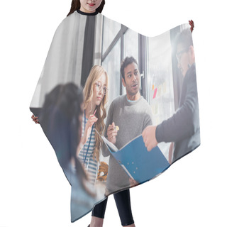 Personality  Men And Woman Looking At Folder With Documents At Office Hair Cutting Cape